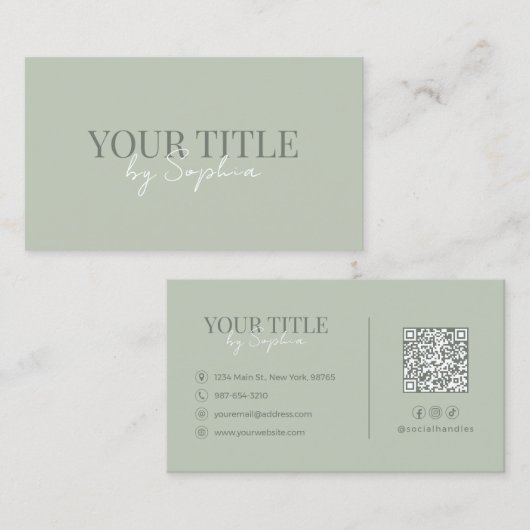 Minimalist Elegantes Modernes Salbeigrün QR-Code Visitenkarte (Vorne/Hinten)