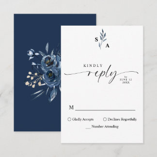 Minimalist Elegantes Monogramm Navy Blau Kalligraf RSVP Karte