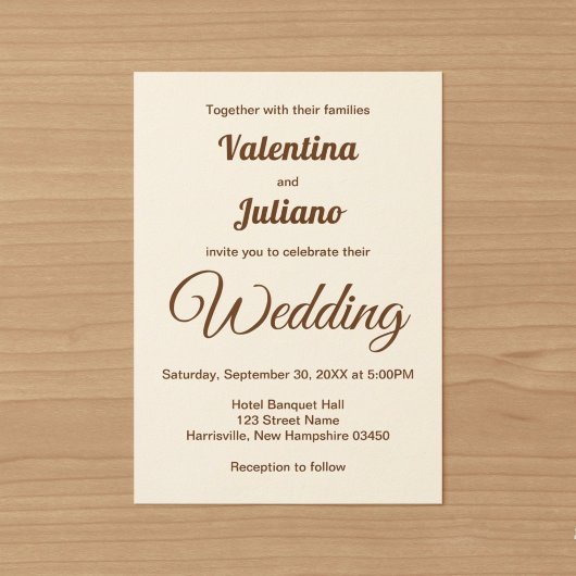 Minimalist Elfenbein mit brauner Text Hochzeit Einladung
