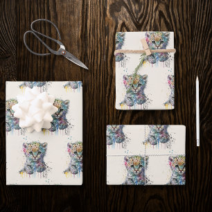 Minimalist Elfenbein Wasserfarben Leoparden Muster Geschenkpapier Set