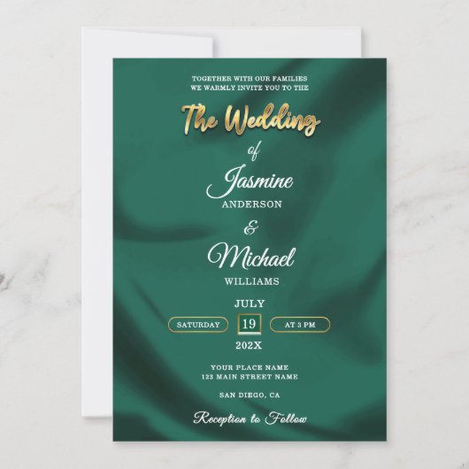 Minimalist Emerald and Gold Foil Script Wedding Einladung (Vorderseite)