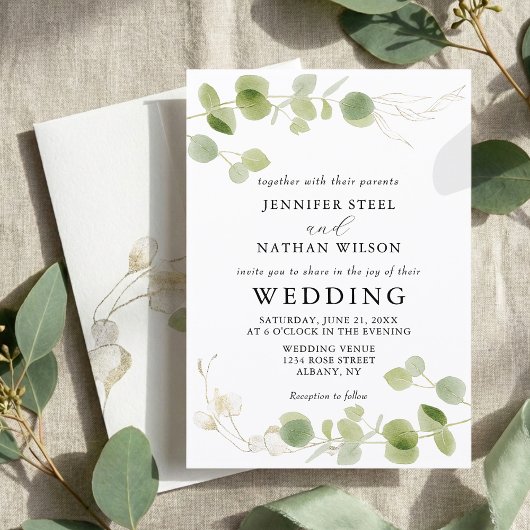 Minimalist Eucalyptus Green Foliage Classy Wedding Einladung