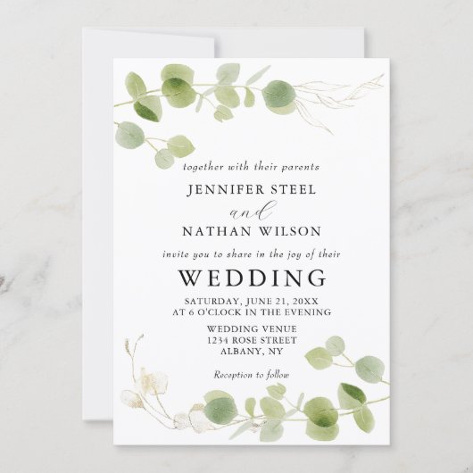 Minimalist Eucalyptus Green Foliage Classy Wedding Einladung (Vorderseite)