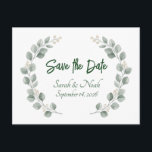 Minimalist Eucalyptus Wreath Save the Date custom Ankündigungspostkarte<br><div class="desc">A soft watercolor eucalyptus wreath design with a minimalist botanical style. This elegant layout features customizable couple names and date, perfect for announcing a special wedding day in a timeless and romantic way. The natural greenery frame creates a clean and modern aesthetic suitable for weddings, engagements, and meaningful celebrations. Easily...</div>