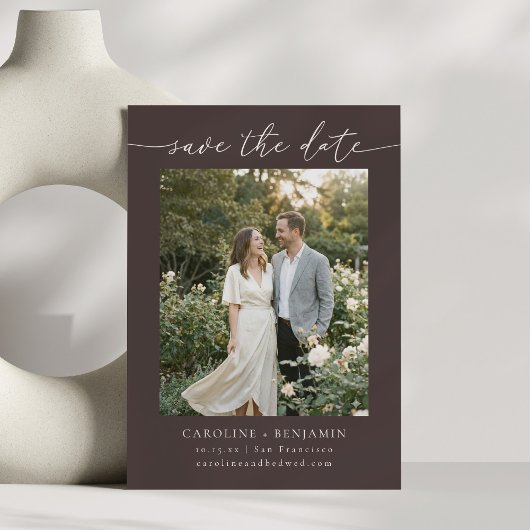 Minimalist Fall Brown Earthy Script Photo Wedding Save The Date