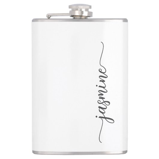 Minimalist Femininer Weißer Monogramm-Name in Schr Flachmann (Vorderseite)