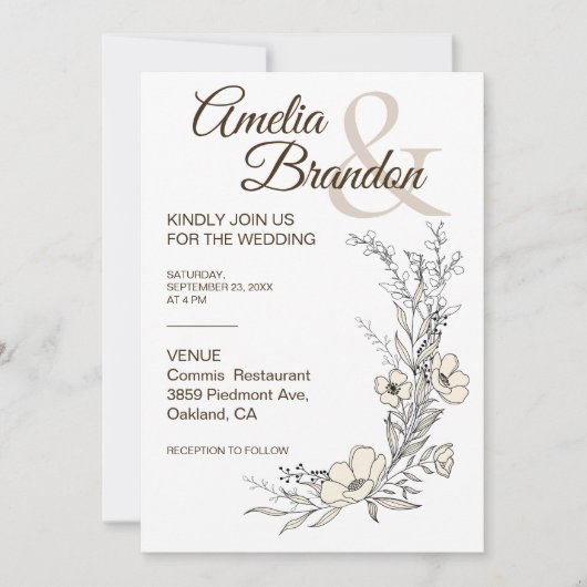 Minimalist Floral Line Art Wedding Invitation Einladung (Vorderseite)