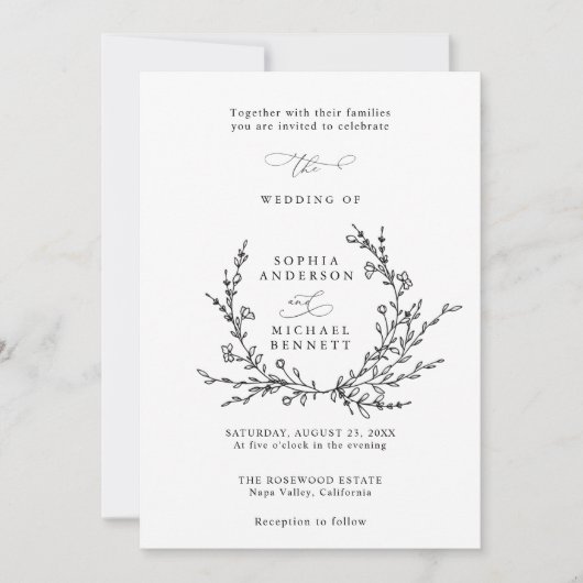 Minimalist Floral Line Art Wedding Invitation Einladung (Vorderseite)