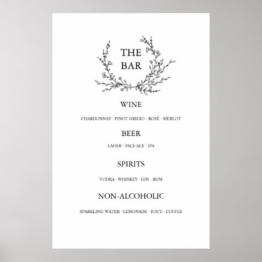 Minimalist Floral Line Art Wedding Open Bar Menu Poster (Vorne)