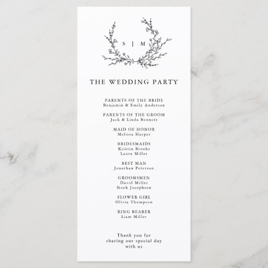 Minimalist Floral Line Art Wedding Program Programm (Rückseite)