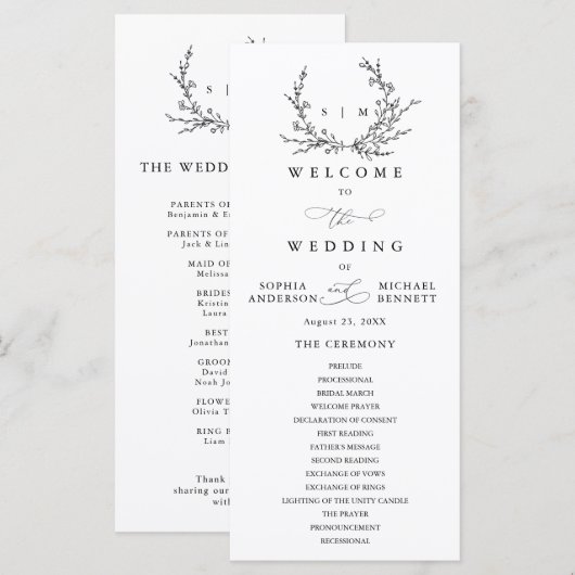 Minimalist Floral Line Art Wedding Program Programm (Vorne/Hinten)