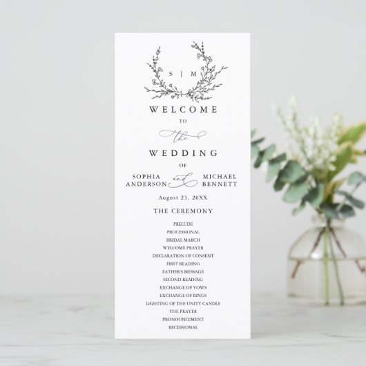 Minimalist Floral Line Art Wedding Program Programm (Stehend Vorderseite)