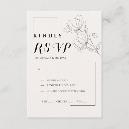 Minimalist Floral Line Art Wedding RSVP Card (Vorderseite)