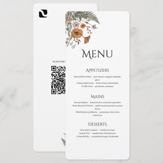 Minimalist Floral Restaurant Or Wedding Menu Programm (Vorne/Hinten)