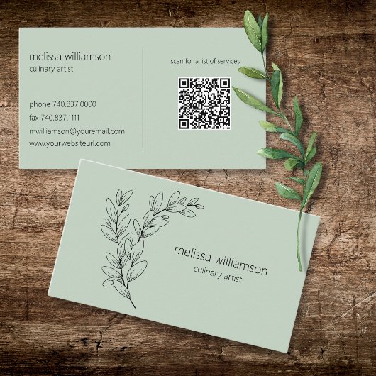 Minimalist Foliage on Sage Green with QR Code  Visitenkarte
