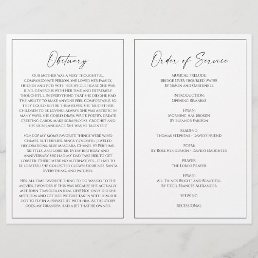 Minimalist Funeral Order of Service Folded Program (Rückseite)
