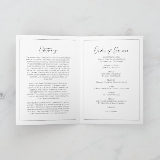 Minimalist Funeral Order of Service Folded Program Karte (Innenseite)