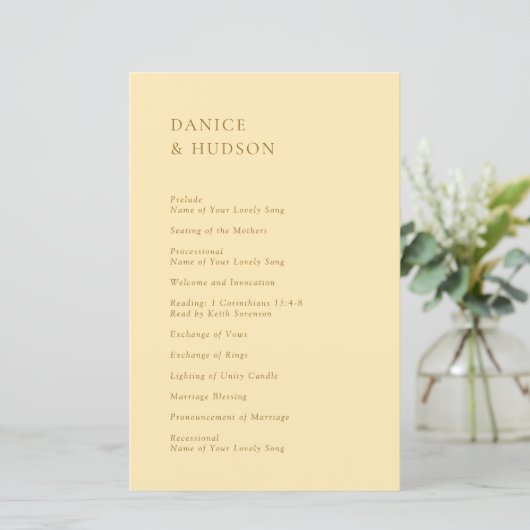 Minimalist Gelb Moderne Hochzeitsprogramm (Stehend Vorderseite)