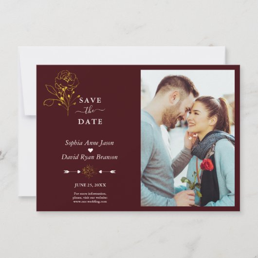 Minimalist Gold Floral Deep Burgundy Photo Wedding Save The Date (Vorderseite)