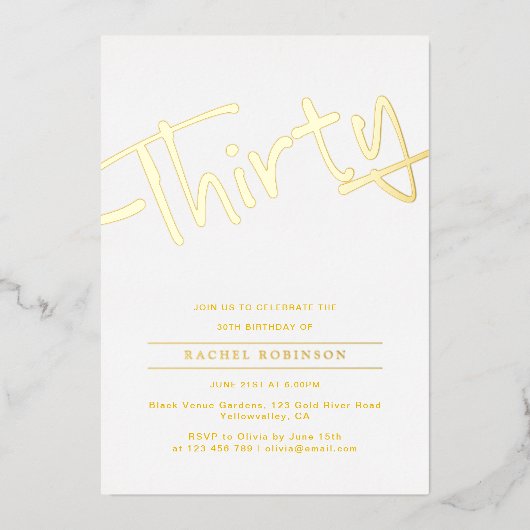 Minimalist Golden Script 30TH Birthday Party Gold Folieneinladung (Vorderseite)
