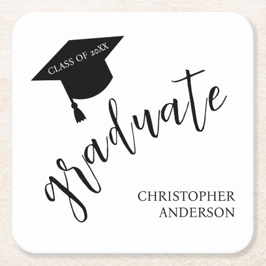 Minimalist Grad Cap Black & White Graduation Rechteckiger Pappuntersetzer (Vorderseite)