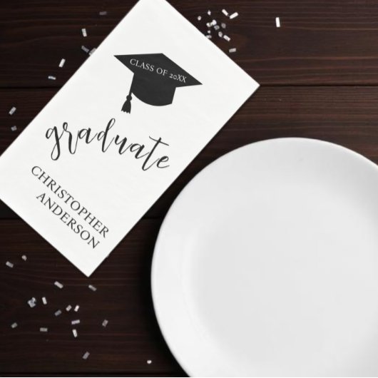 Minimalist Grad Cap Black & White Graduation Serviette