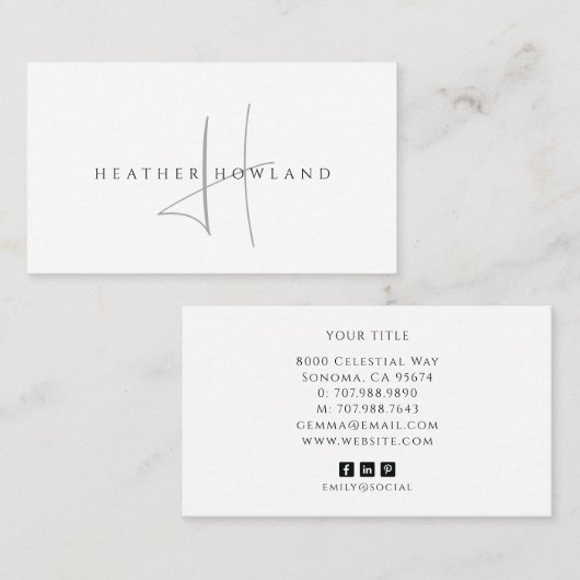 Minimalist Grau Script Monogramm Name Visitenkarte (Vorne/Hinten)