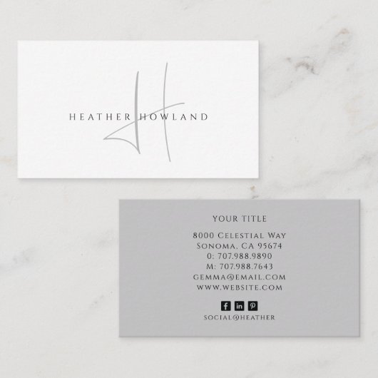 Minimalist Grau Script Monogramm Name Visitenkarte (Vorne/Hinten)