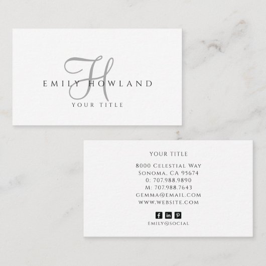 Minimalist Graues Skript-Monogramm-Name  Visitenkarte (Vorne/Hinten)
