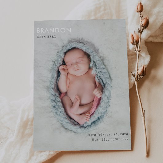 Minimalist Gray Photo Baby Announcement Flat Card