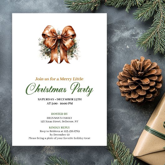 Minimalist Green And Gold Christmas Bow Invite Einladung