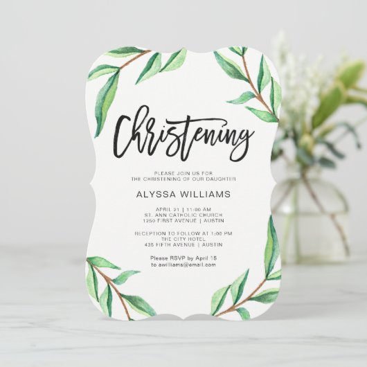 Minimalist Green Leaves on White Christening Einladung (Stehend Vorderseite)