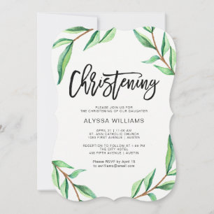 Minimalist Green Leaves on White Christening Einladung