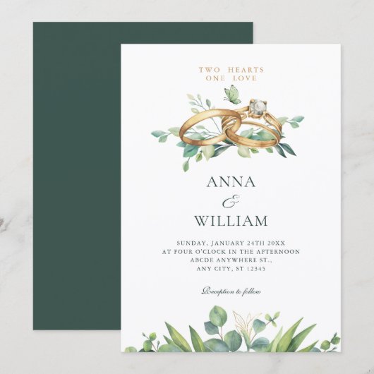 Minimalist green leaves wedding ring einladung (Vorne/Hinten)