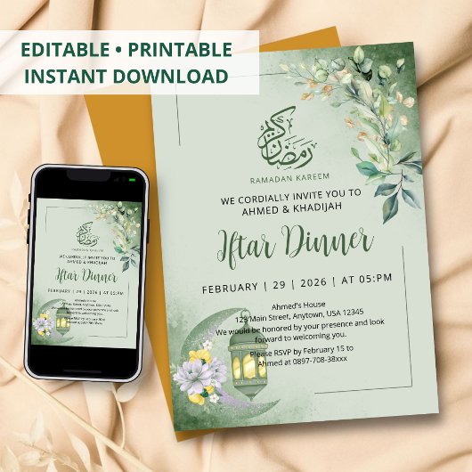Minimalist Greenery Moon Ramadan Iftar Dinner Einladung