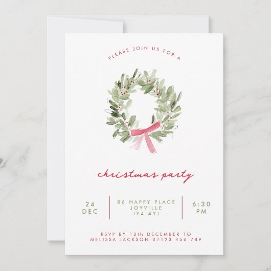 Minimalist Greenery Wreath & Bow Christmas Party Einladung (Vorderseite)
