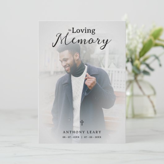 Minimalist Grey Transparency Overlay Photo Funeral Einladung (Stehend Vorderseite)