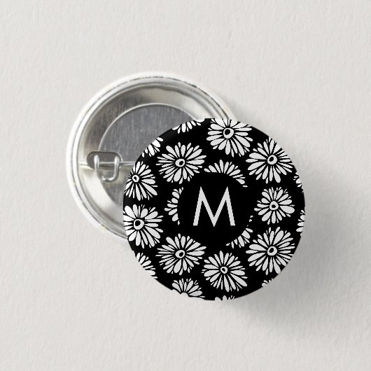 Minimalist Groovy Black and White Daisy Monogram Button (Vorne & Hinten)