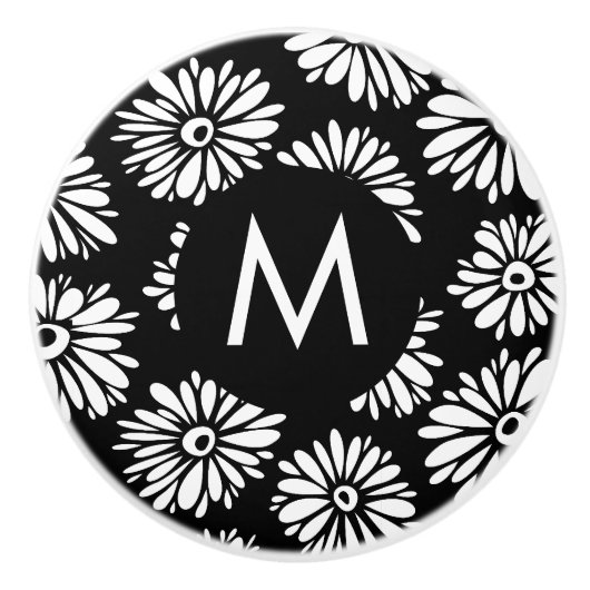 Minimalist Groovy Black and White Daisy Monogram Keramikknauf (Vorderseite)