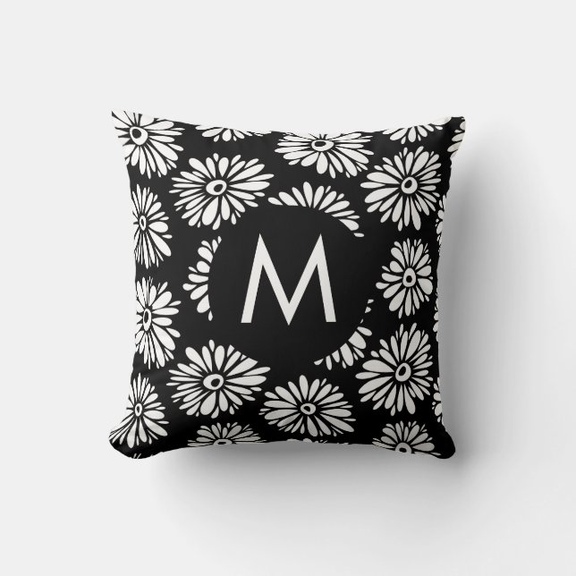 Minimalist Groovy Black and White Daisy Monogram Kissen (Vorderseite)