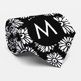 Minimalist Groovy Black and White Daisy Monogram Krawatte