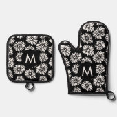 Minimalist Groovy Black and White Daisy Monogram Ofenhandschuh & Topflappen-Set (Vorderseite)