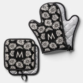 Minimalist Groovy Black and White Daisy Monogram Ofenhandschuh & Topflappen-Set (Vorderseite/Rückseite)