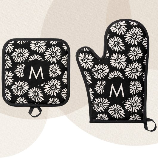 Minimalist Groovy Black and White Daisy Monogram Ofenhandschuh & Topflappen-Set