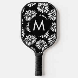 Minimalist Groovy Black and White Daisy Monogram Pickleball Schläger