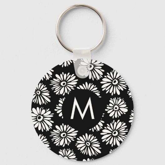 Minimalist Groovy Black and White Daisy Monogram Schlüsselanhänger (Vorderseite)