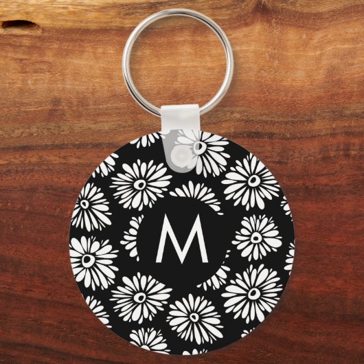 Minimalist Groovy Black and White Daisy Monogram Schlüsselanhänger (Rückseite)