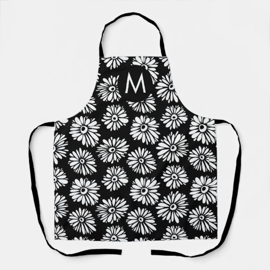 Minimalist Groovy Black and White Daisy Monogram Schürze (Vorderseite)
