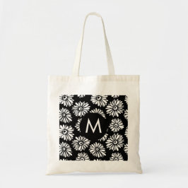 Minimalist Groovy Schwarz-Weiß-Daisy-Monogramm Tragetasche