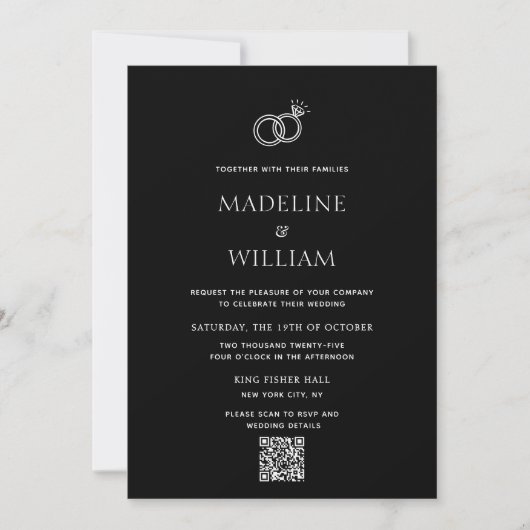 Minimalist Hand Drawn Rings Black Qr Code Wedding Einladung (Vorderseite)